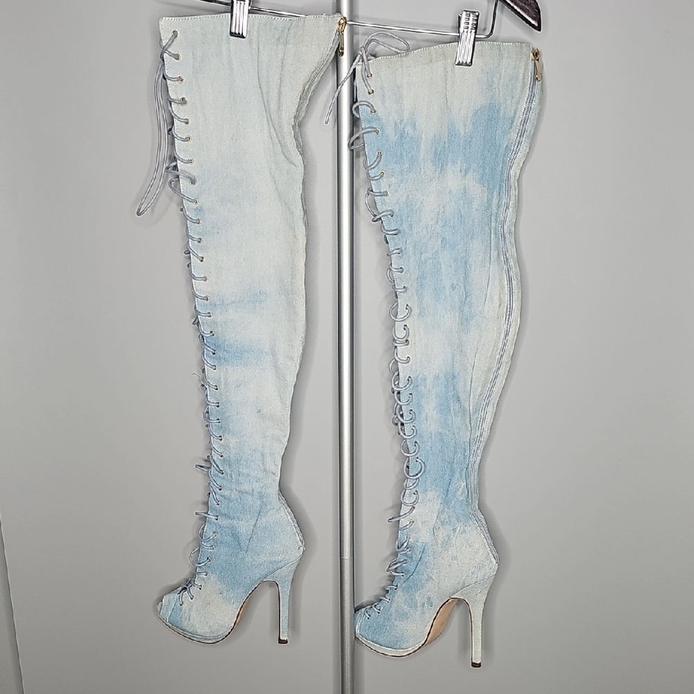 Blue Over the Knee Boots with Stiletto Heels